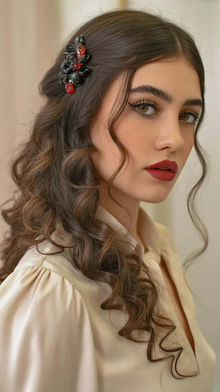 fall hairstyle for long hair — Side-Pinned Glam Waves with Statement Clip