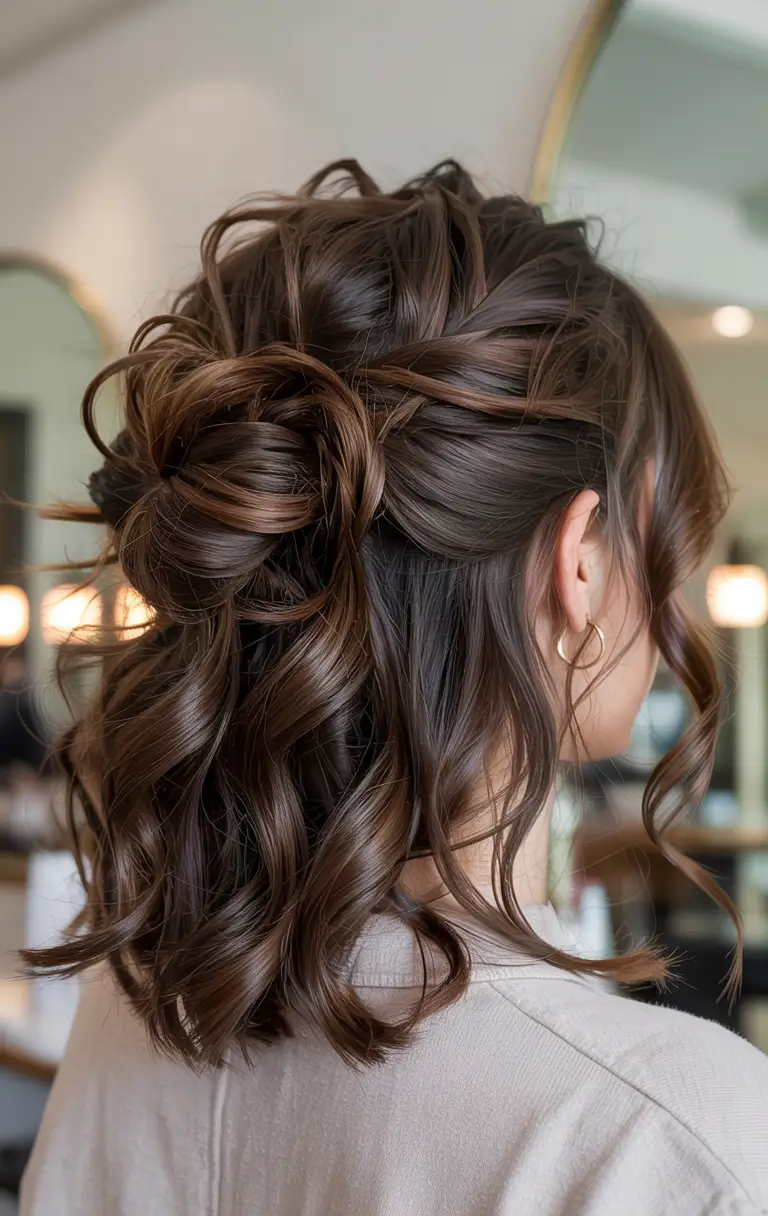 Fall 2025 Hairstyles Perfect for Mid-Length Cuts – Velvet Half-Up Knot with Glossy Ribbon Curls