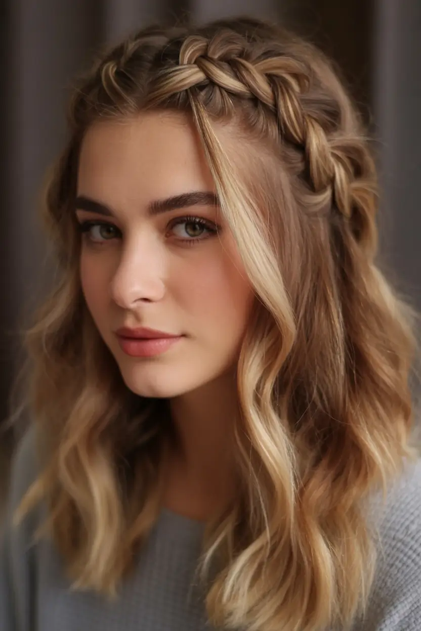 Fall 2025 Hairstyles Perfect for Mid-Length Cuts – Soft Waterfall Braid with Melted Honey Waves