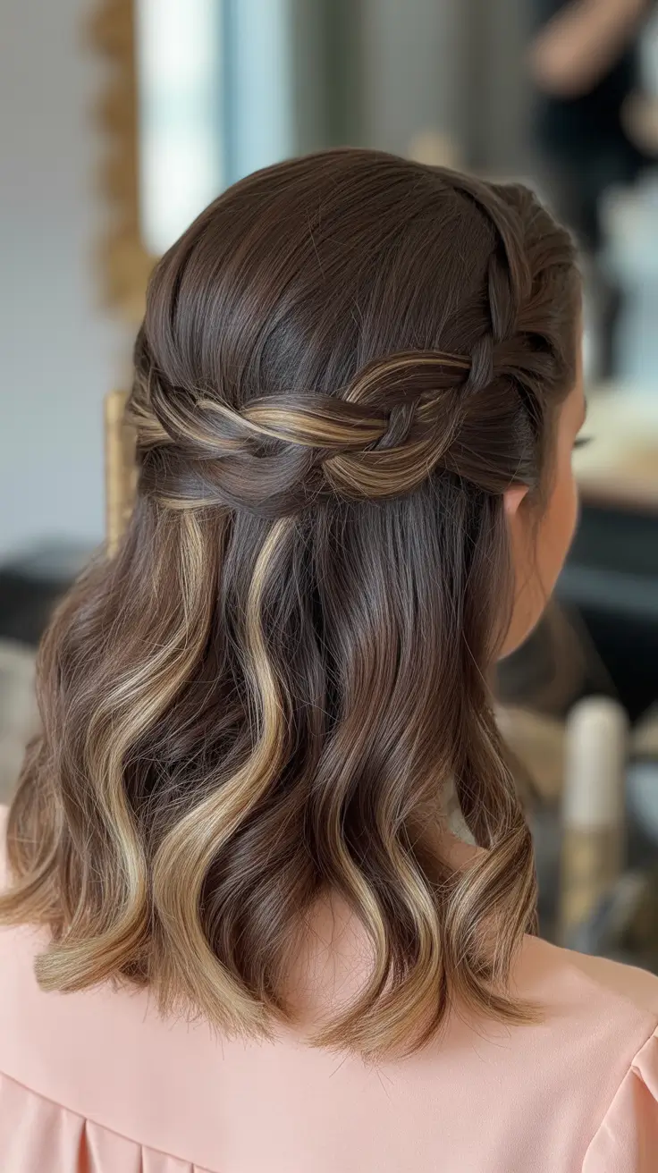 Fall 2025 Hairstyles Perfect for Mid-Length Cuts – Twisted Half-Up with Toffee Ribbon Highlights