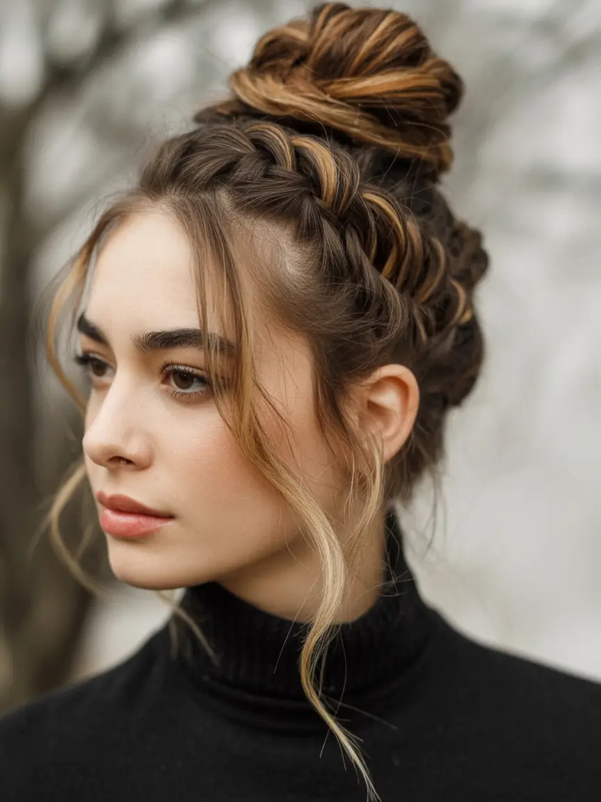 Fall 2025 Hairstyles Perfect for Mid-Length Cuts – Braided Headband Topknot with Face-Framing Tendrils
