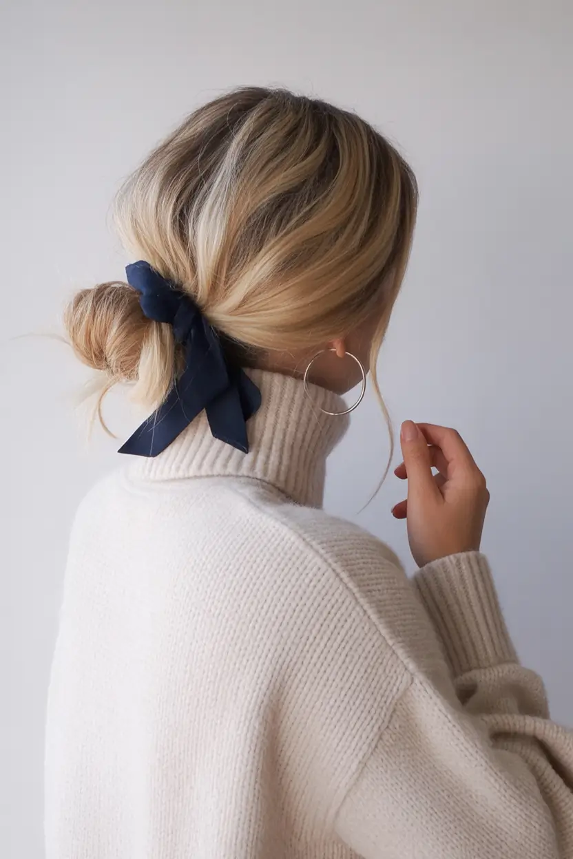 Fall 2025 Hairstyles Perfect for Mid-Length Cuts – Low Ribbon Bun with Soft Blonde Sweep
