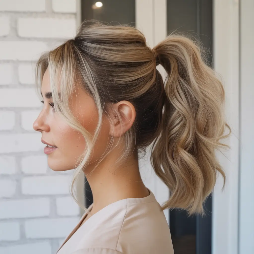 Fall 2025 Hairstyles Perfect for Mid-Length Cuts – High Wrap Pony with Face-Framing Bangs