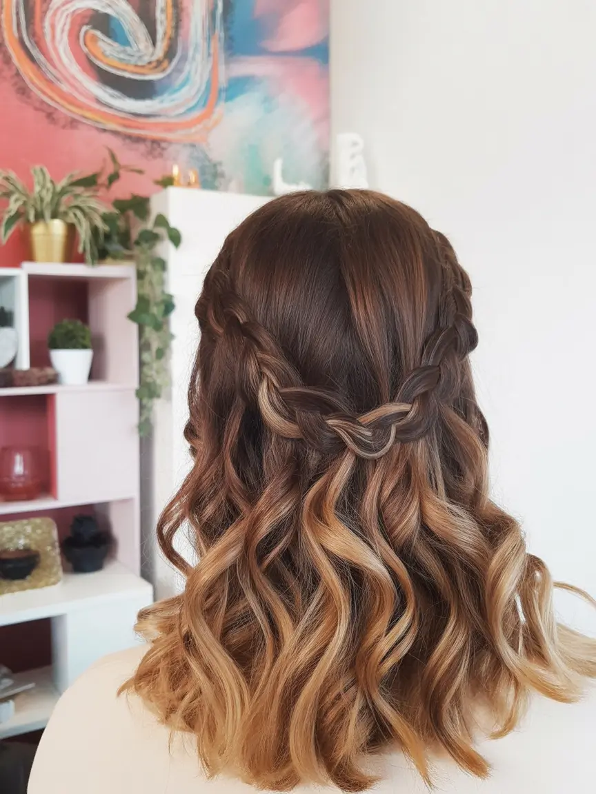 Fall 2025 Hairstyles Perfect for Mid-Length Cuts – Braided Half-Up with Caramel Wave Ends