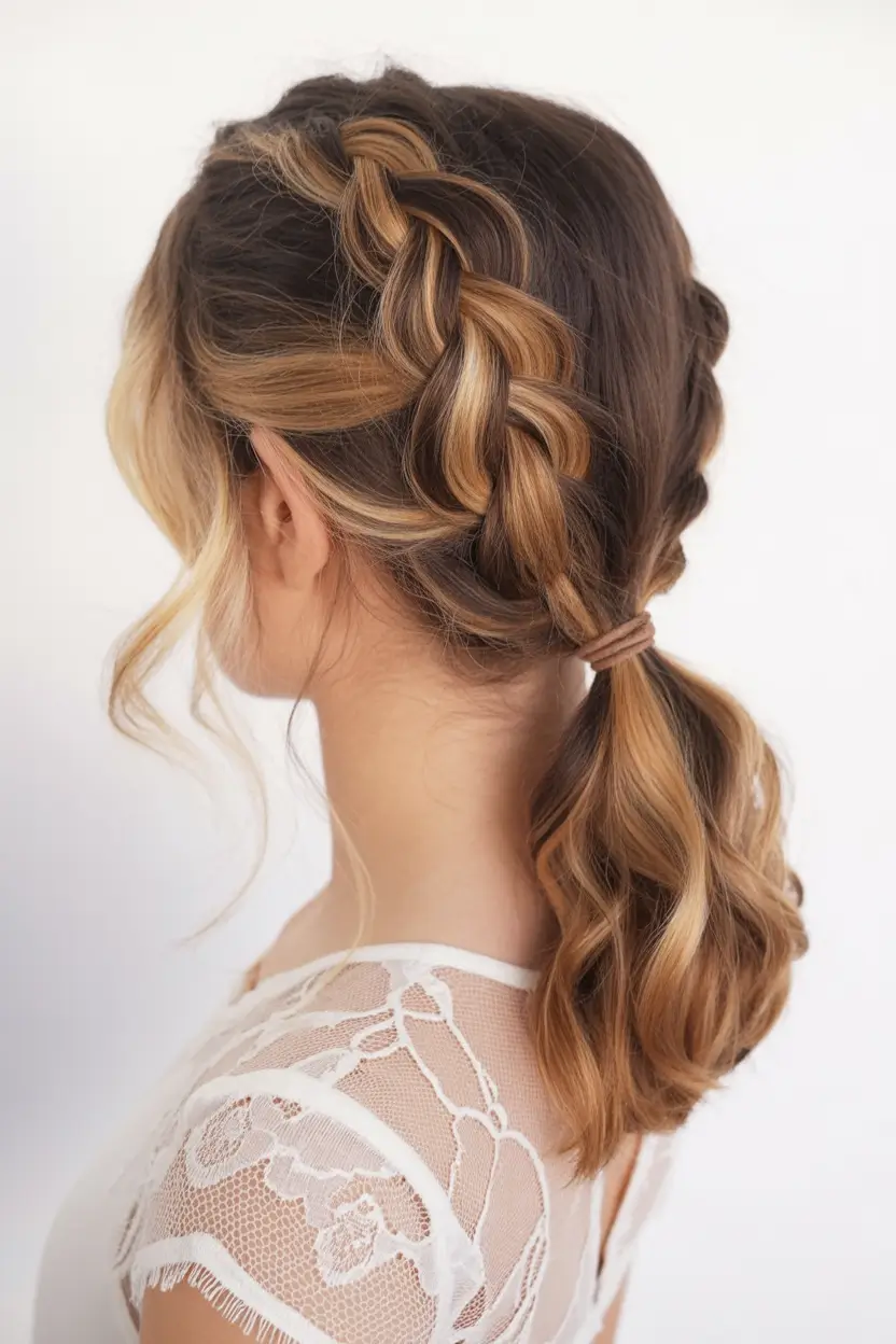 Fall 2025 Hairstyles Perfect for Mid-Length Cuts – Side Braid into Low Pony with Face-Framing Ribbons