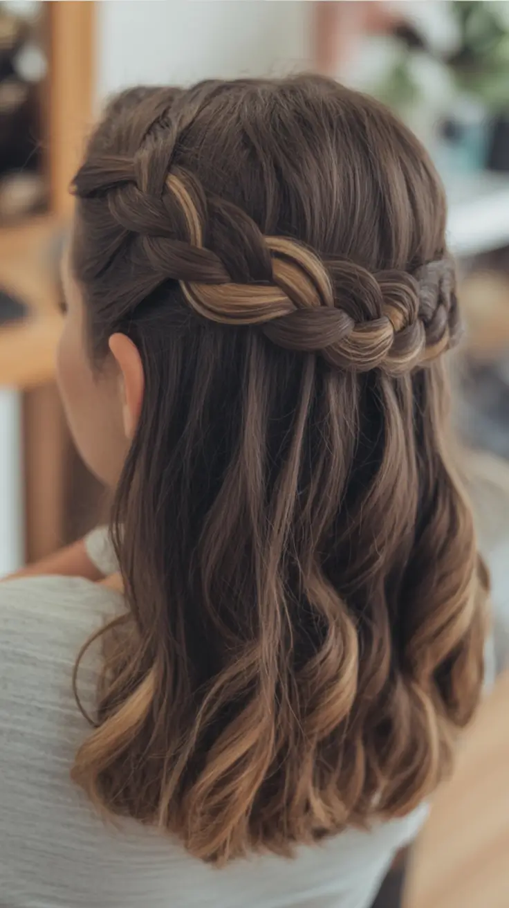 Fall 2025 Hairstyles Perfect for Mid-Length Cuts – Lived-In Crown Braid Half-Up with Soft Waves