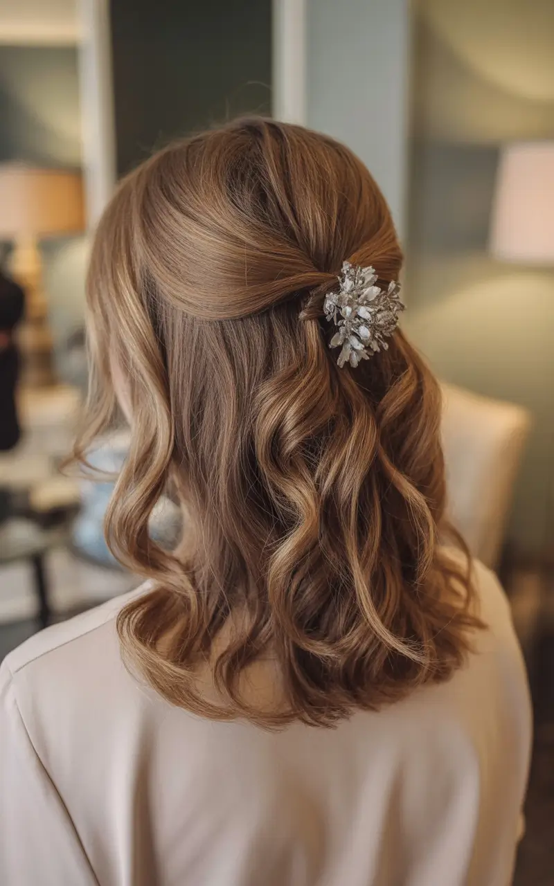 Fall 2025 Hairstyles Perfect for Mid-Length Cuts – Half-Up Waves with Statement Barrette