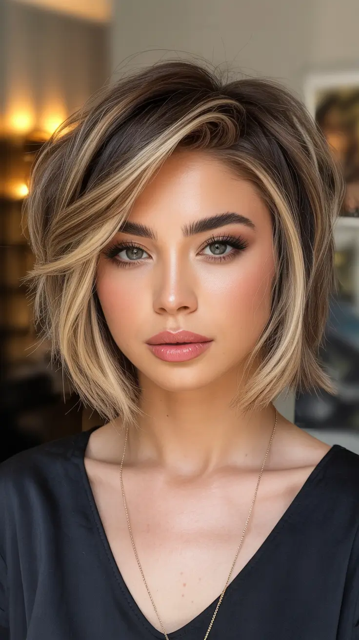 fall hairstyle short hair Layered Blonde Bob with Face-Framing Highlights