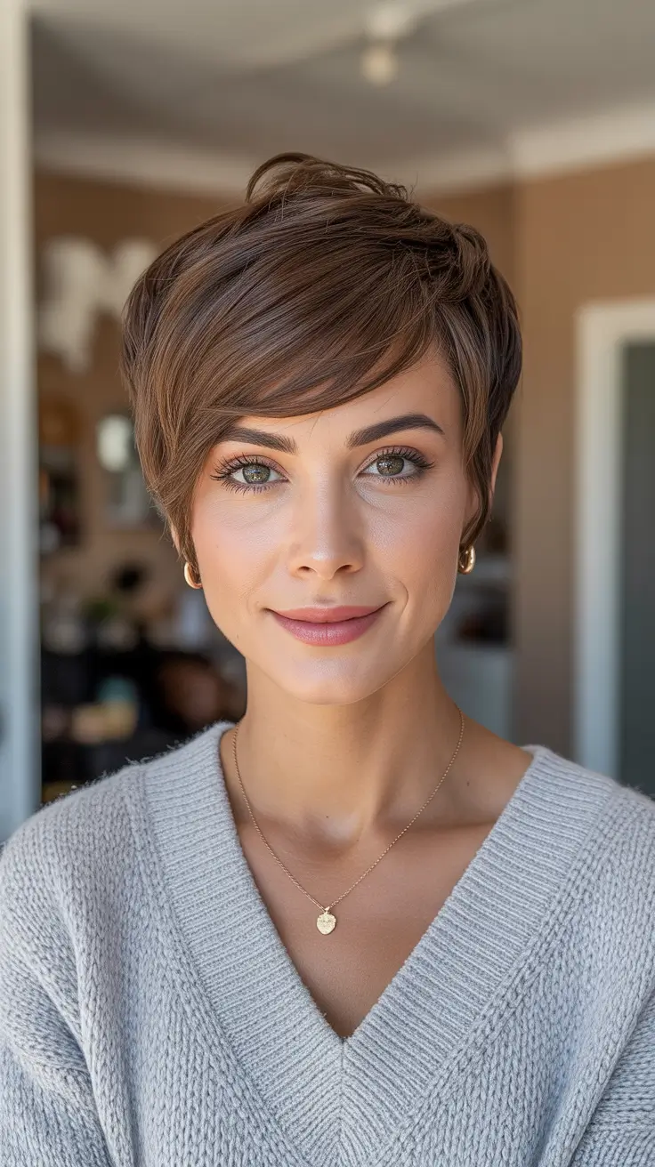 fall hairstyle short hair Chic Side-Swept Pixie with Warm Brown Layers