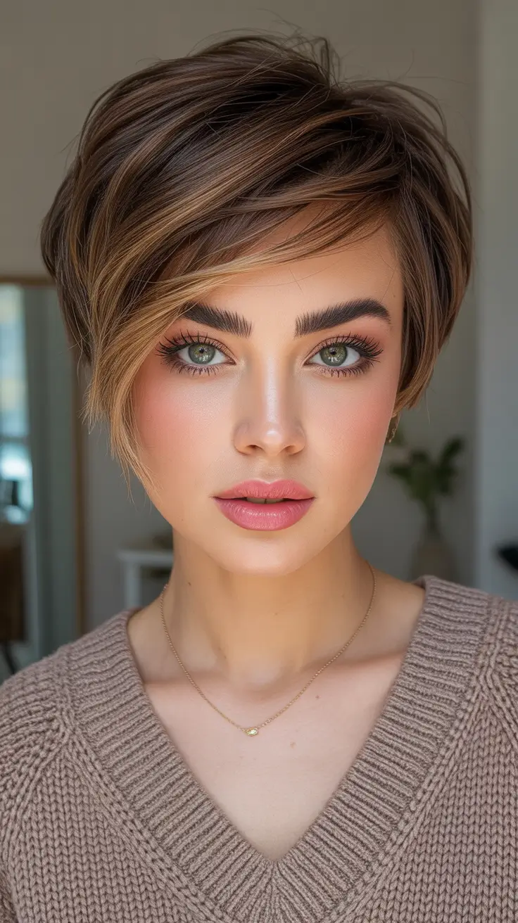 fall hairstyle short hair Layered Pixie with Subtle Blonde Highlights