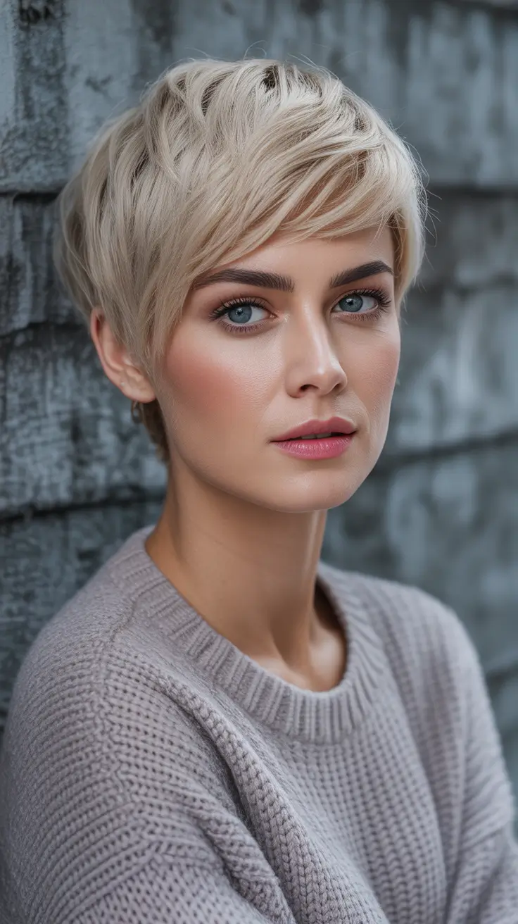fall hairstyle short hair Platinum Pixie with Cool Texture