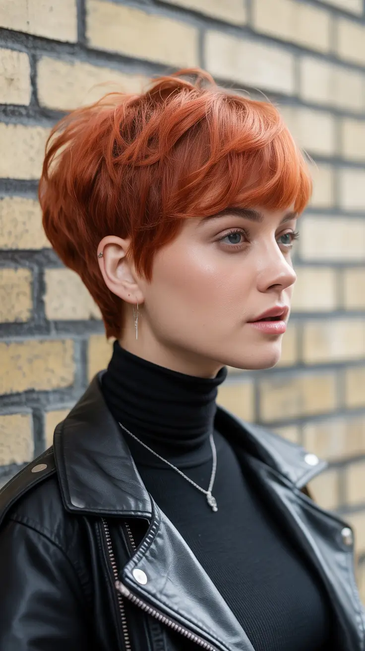 fall hairstyle short hair Rusty Copper Pixie with Soft Bangs