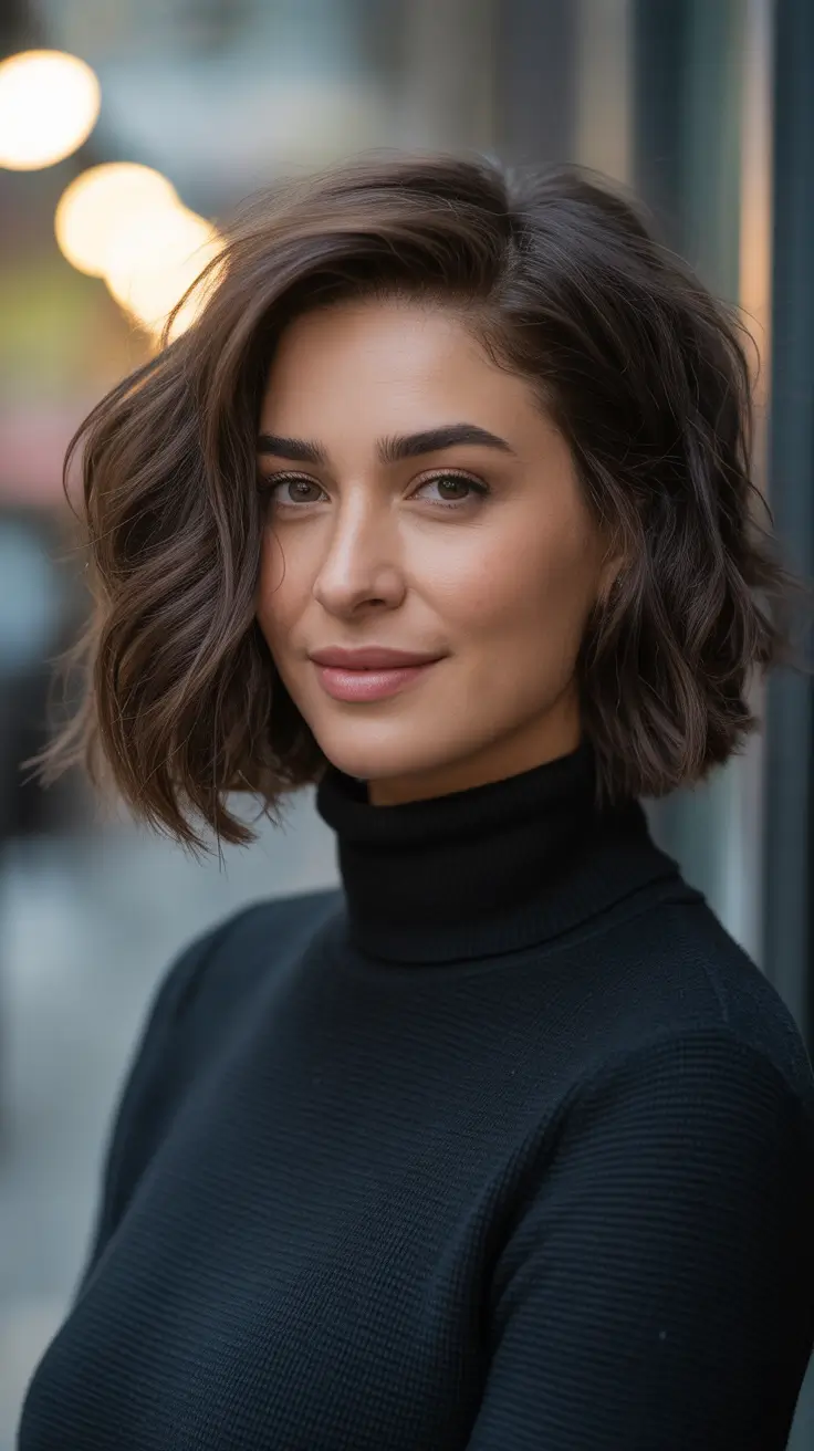 fall hairstyle short hair Wavy Espresso Bob with Natural Volume