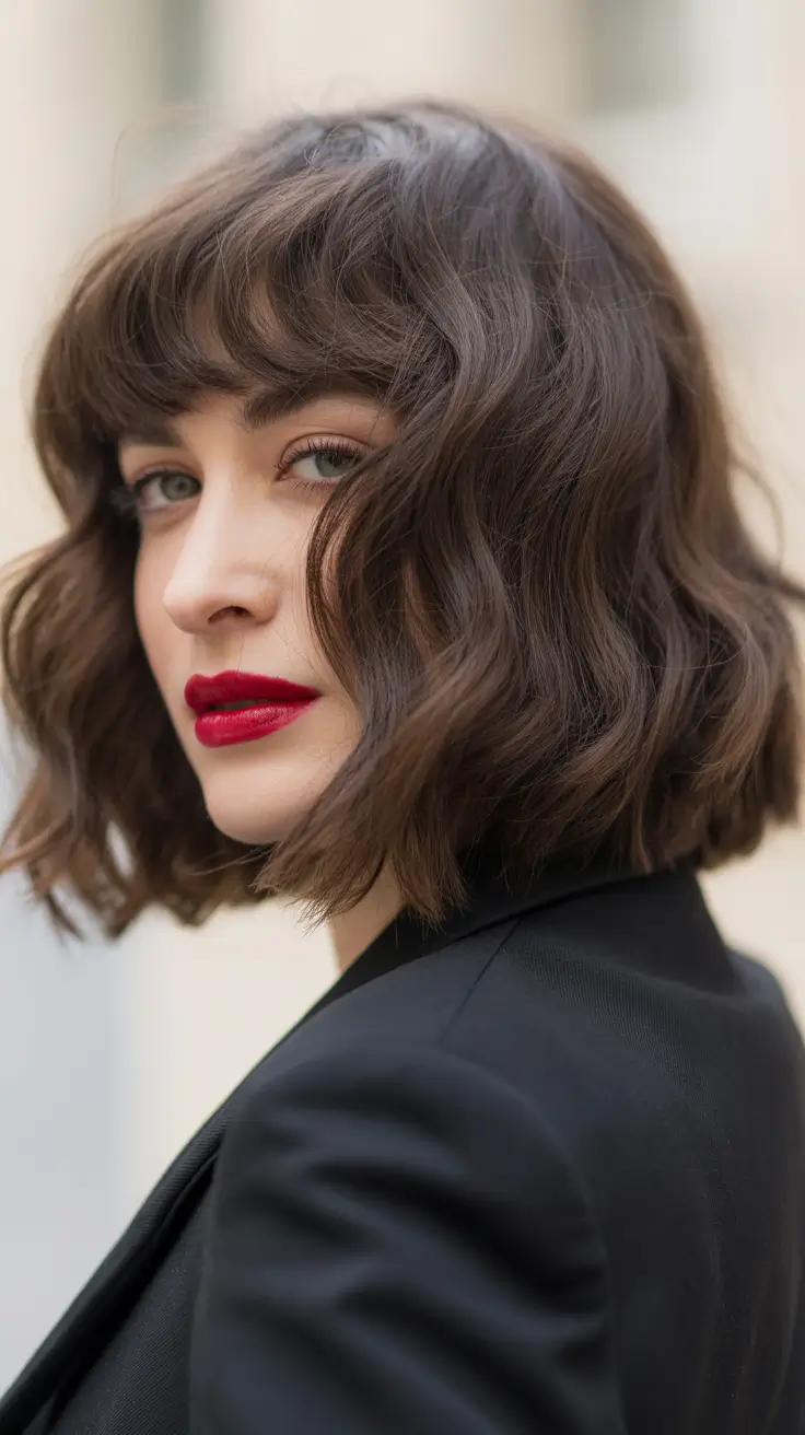 fall hairstyle short hair Glossy Waved Bob with Bangs