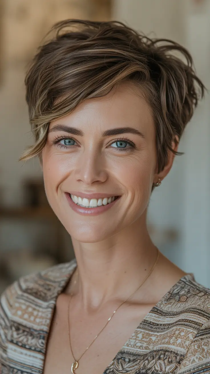 fall hairstyle short hair Textured Chestnut Pixie with Layers