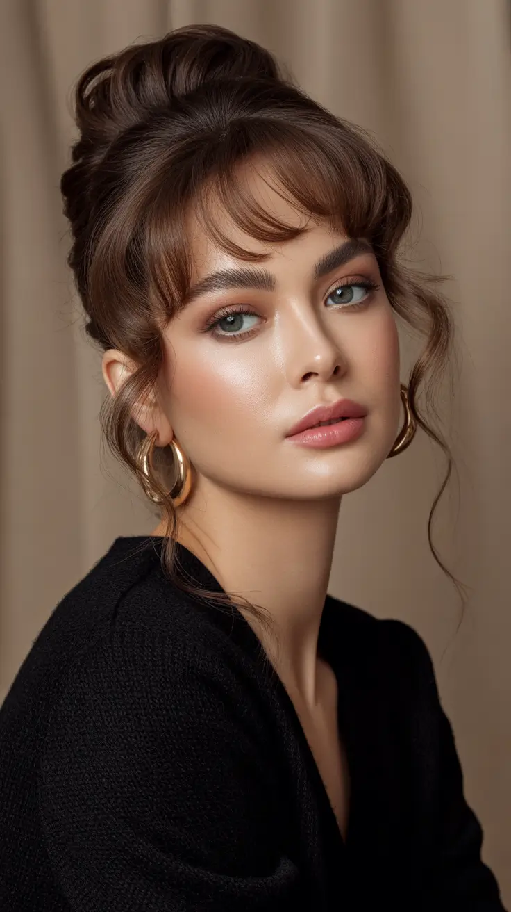 Top Fall 2025 Hairstyles for Round Face – Soft Bun with Curtain Bangs