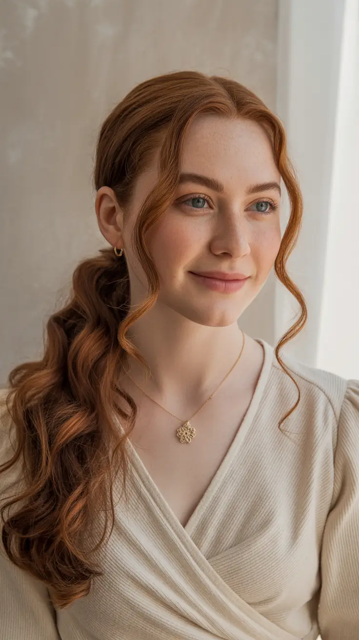 Top Fall 2025 Hairstyles for Round Face – Low Pony with Face-Framing Spirals