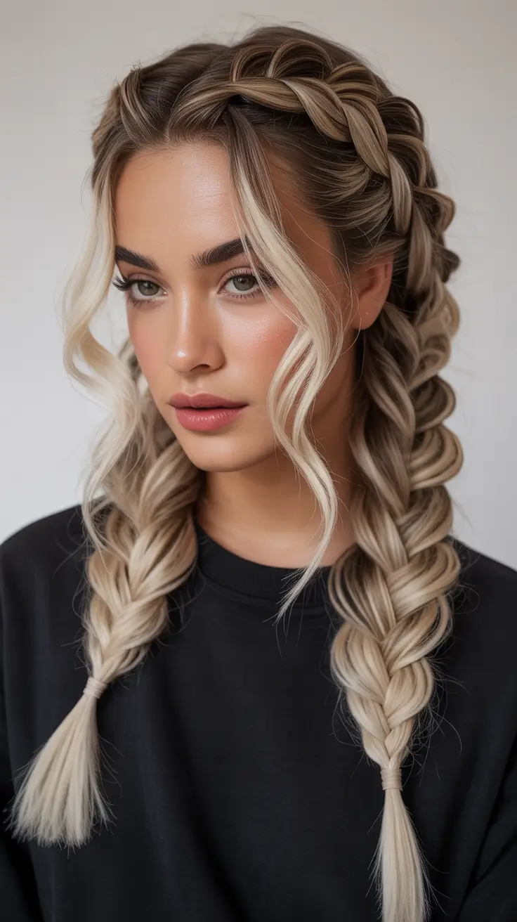 Top Fall 2025 Hairstyles for Round Face – Feed-In Dutch Braids with Soft Tendrils