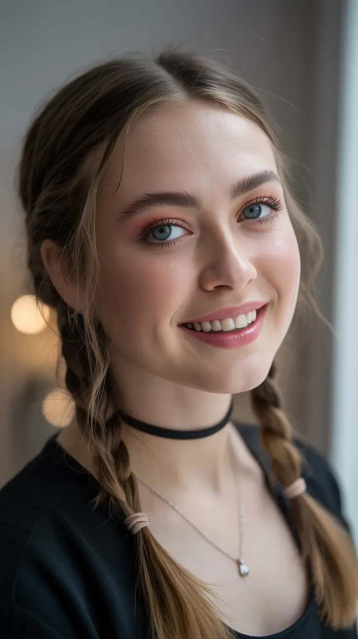 Top Fall 2025 Hairstyles for Round Face – Soft Pigtail Plaits with Center Part