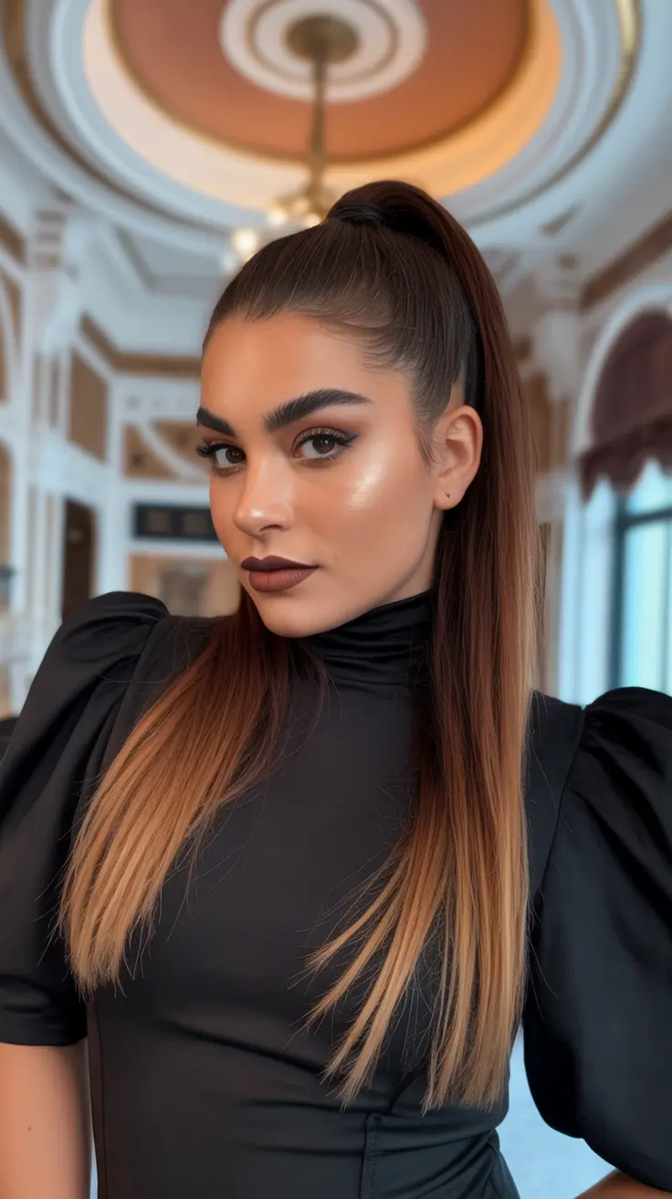 Top Fall 2025 Hairstyles for Round Face – High Gloss Ponytail with Snatched Base