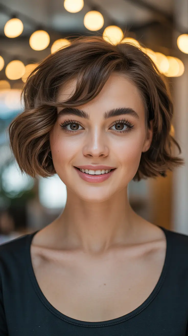 Top Fall 2025 Hairstyles for Round Face – Side-Swept Wavy Bob with Airy Fringe