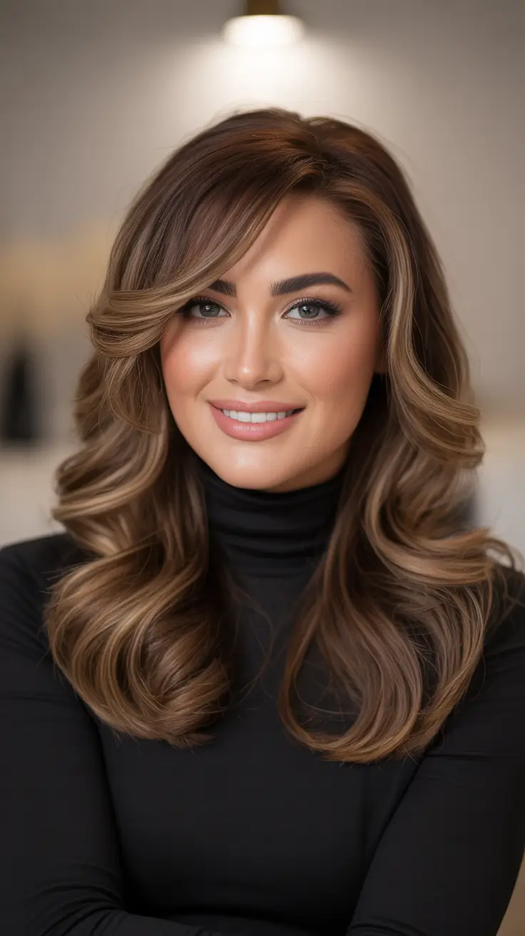 Top Fall 2025 Hairstyles for Round Face – Layered Blowout with Side Swept Bangs