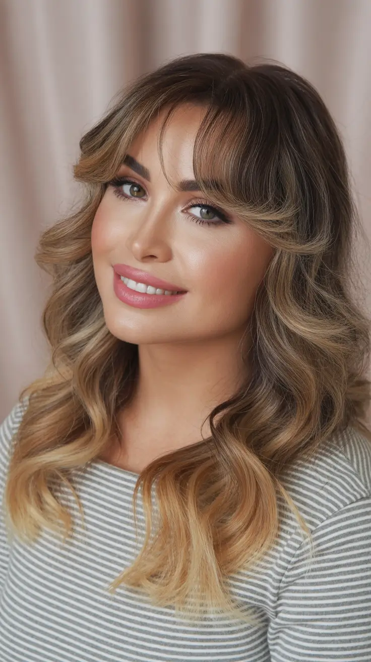 Top Fall 2025 Hairstyles for Round Face – Soft Curtain Bangs with Honey Melt