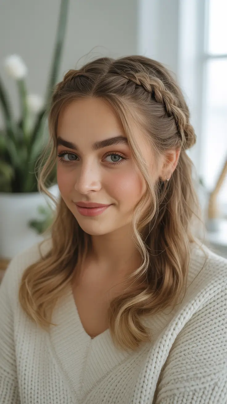 Top Fall 2025 Hairstyles for Round Face – Crown Braid Half Up