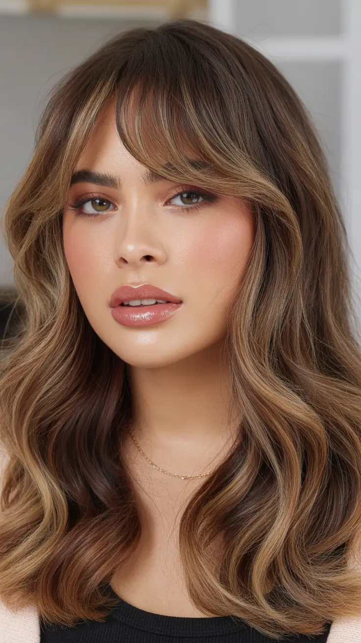 Fall 2025 Hairstyles for Round Faces – Balayaged Waves and Curtain Fringe