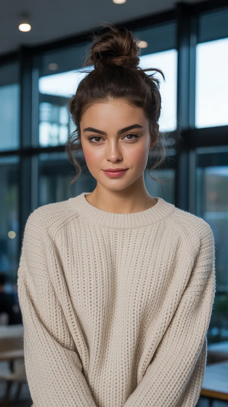 Top Fall 2025 Hairstyles for Round Face – Relaxed High Bun with Whisper Tendrils