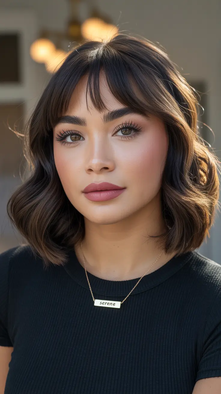 Top Fall 2025 Hairstyles for Round Face – Classic Lob with Wispy Fringe