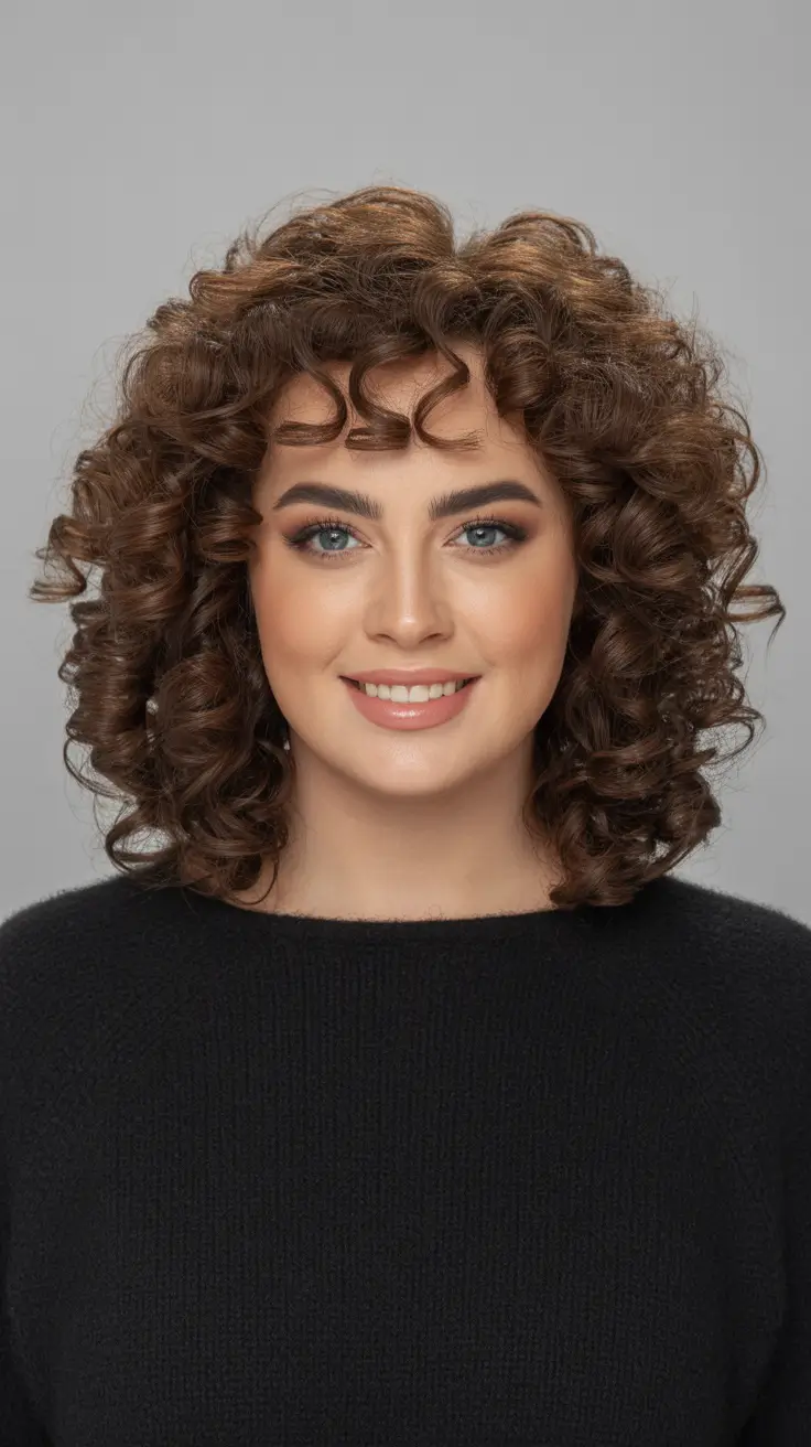 Top Fall 2025 Hairstyles for Round Face – Curly Shag with Soft Fringe