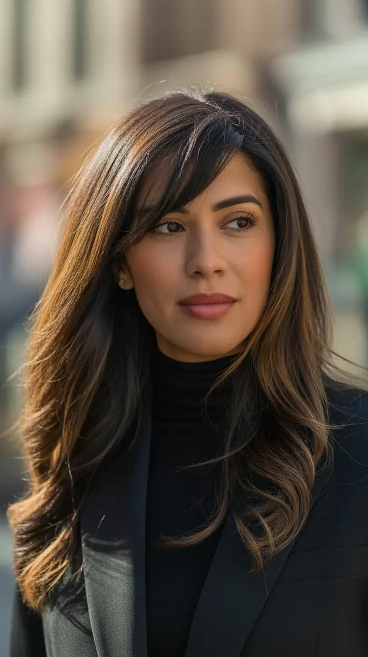 Fall 2025 Haircut Ideas for Long Hair – Side Swept Layers with Soft Fall Fringe