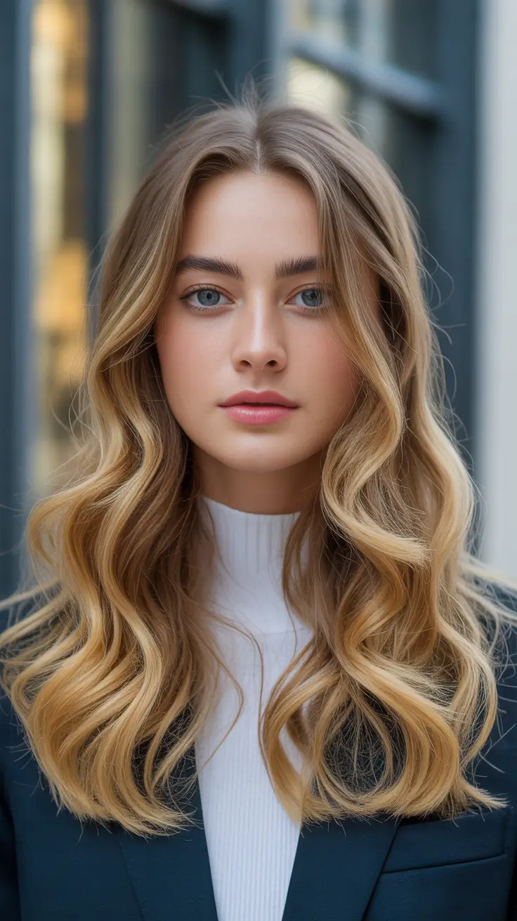 Fall 2025 Haircut Ideas for Long Hair – Soft Golden Waves with Center Part