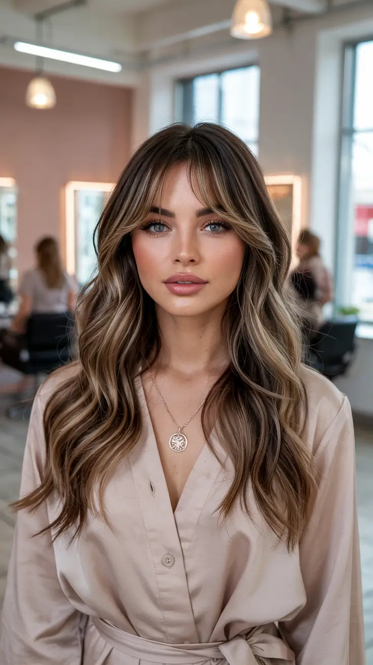 Fall 2025 Haircut Ideas for Long Hair – Curtain Bangs & Caramel Wave-Map