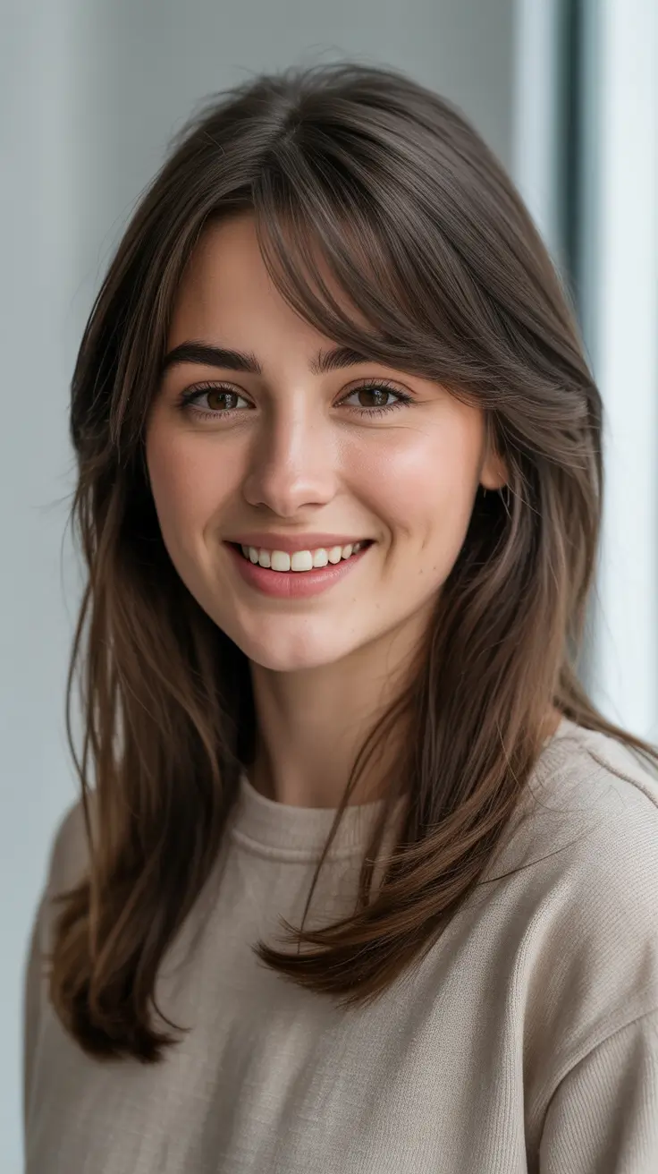 Fall 2025 Haircut Ideas for Long Hair – Feathered Chestnut with Whisper Bangs