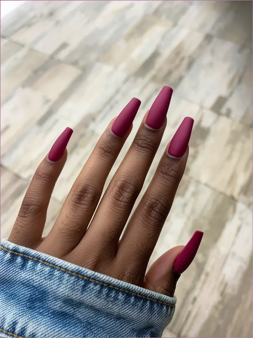 2025 Fall Nail Colors for Brown Skin – Velvet Matte Fuchsia Coffin