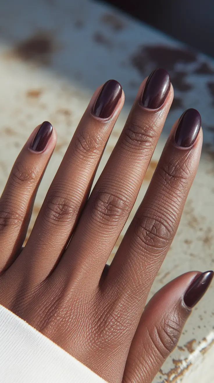 2025 Fall Nail Colors for Brown Skin – Black-Cherry Plum Short Oval