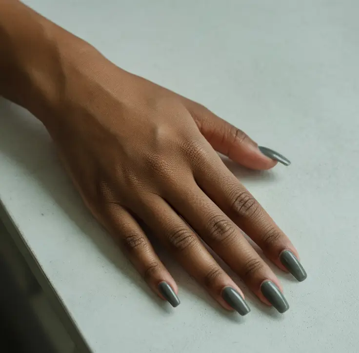 2025 Fall Nail Colors for Brown Skin – Smoky Charcoal-Sage Long Oval
