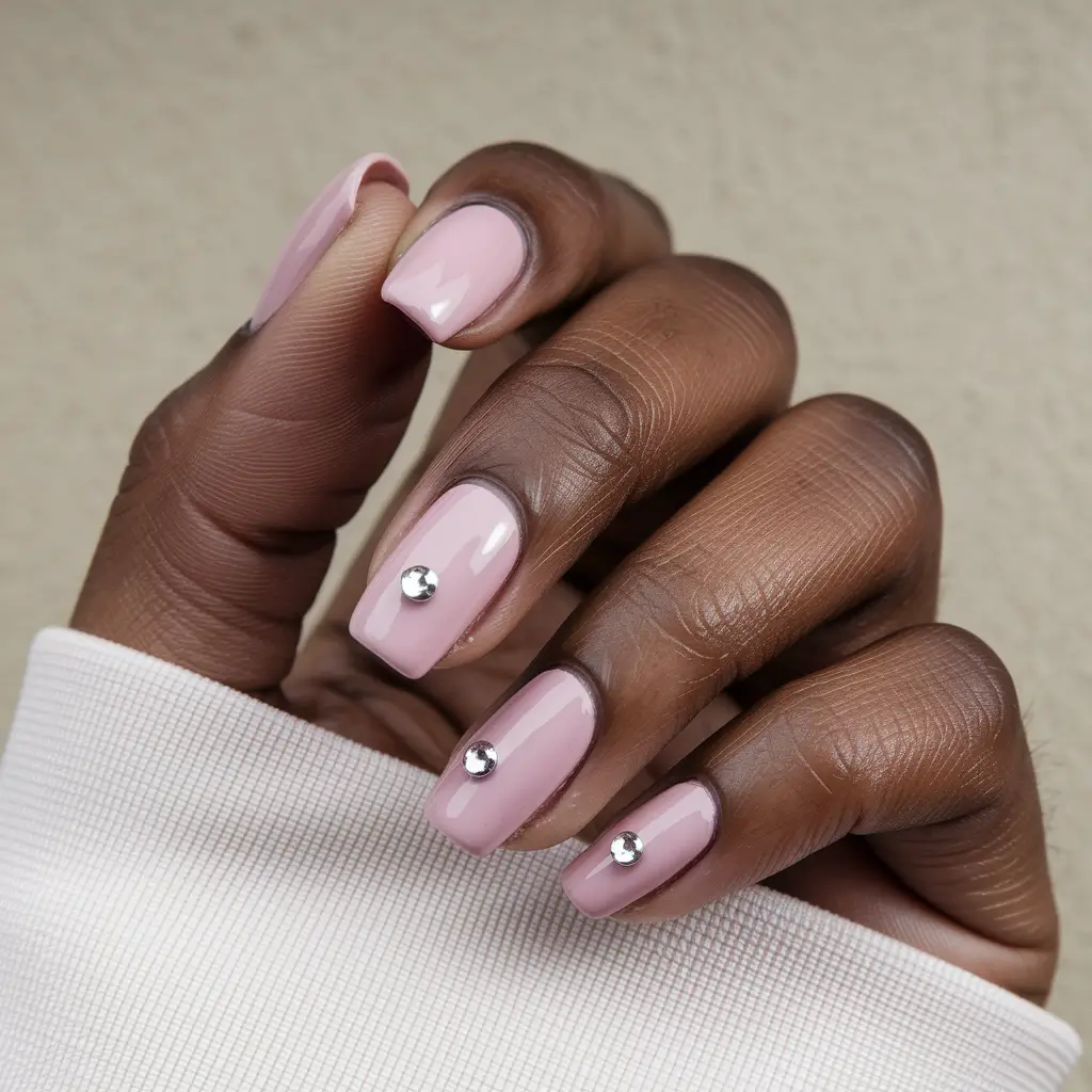 2025 Fall Nail Colors for Brown Skin – Pink Quartz With Single Gem (Square)