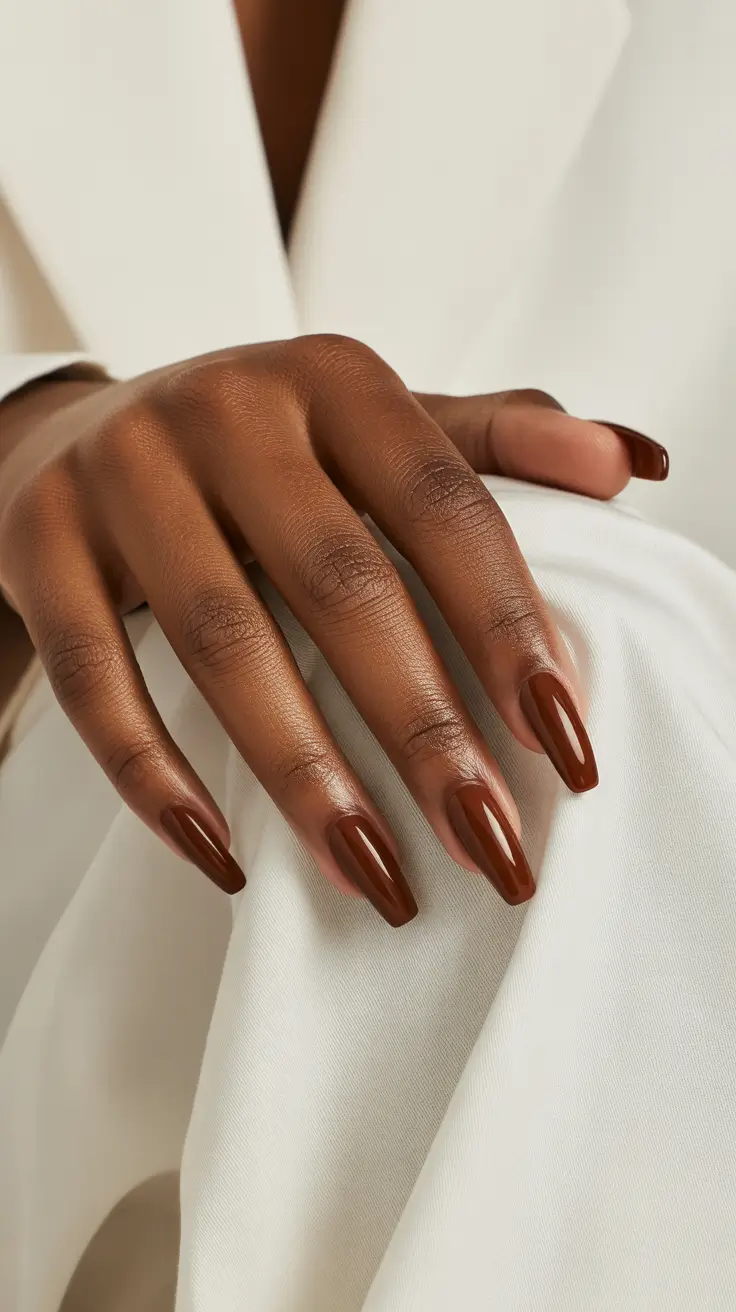 2025 Fall Nail Colors for Brown Skin – Glossy Cocoa Square Classic