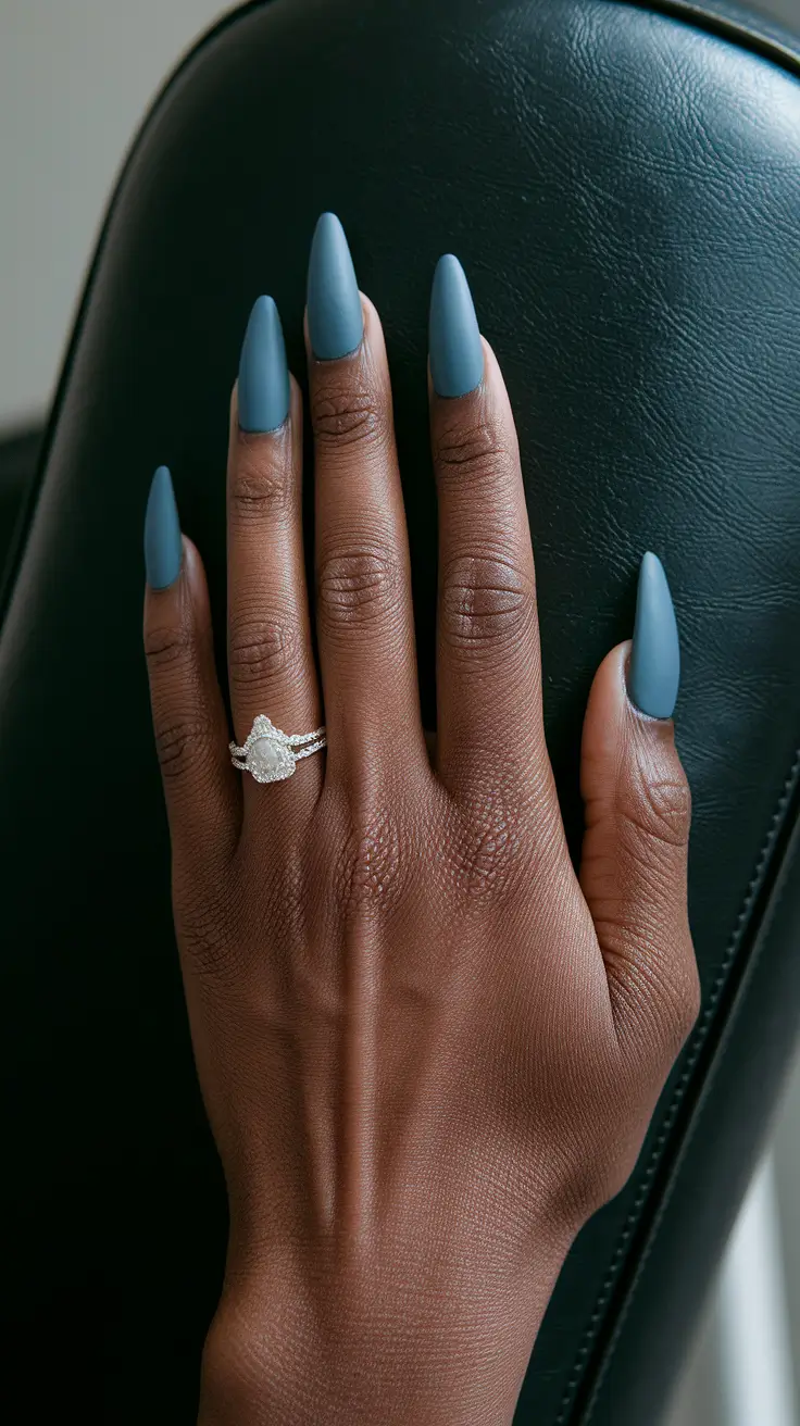 Fall nail colors for dark skin 2025 — Foggy Denim Almonds