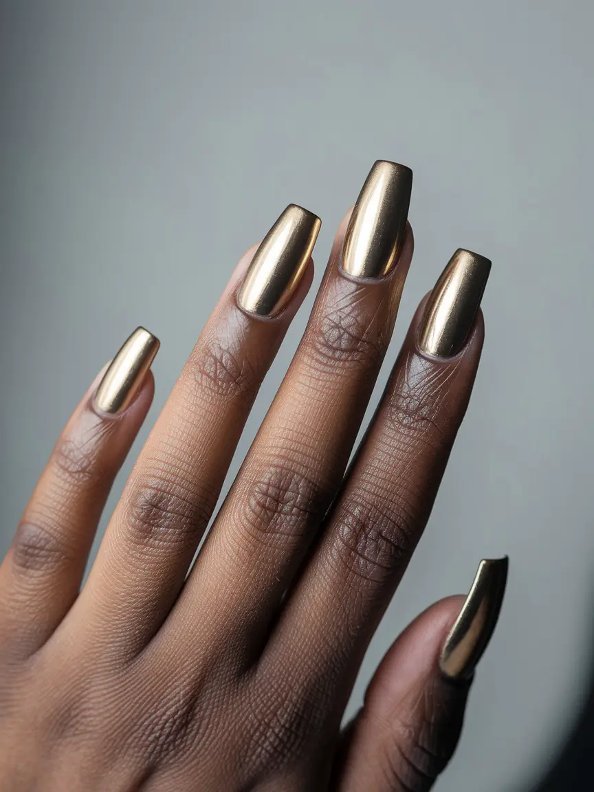 Fall nail colors for dark skin 2025 — Antique Gold Chrome Coffins