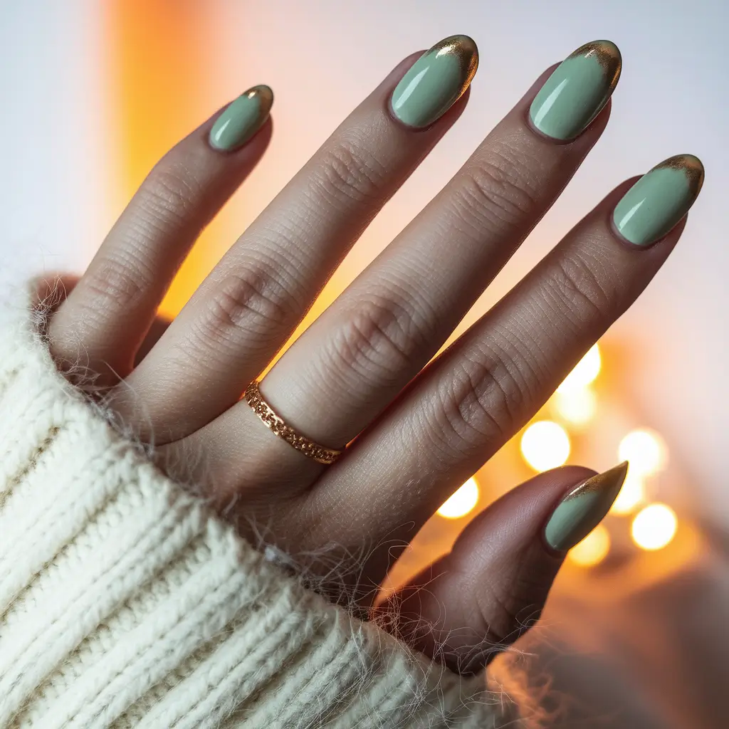 Fall nail colors for medium skin 2025 Sage with Melted Gold Tips