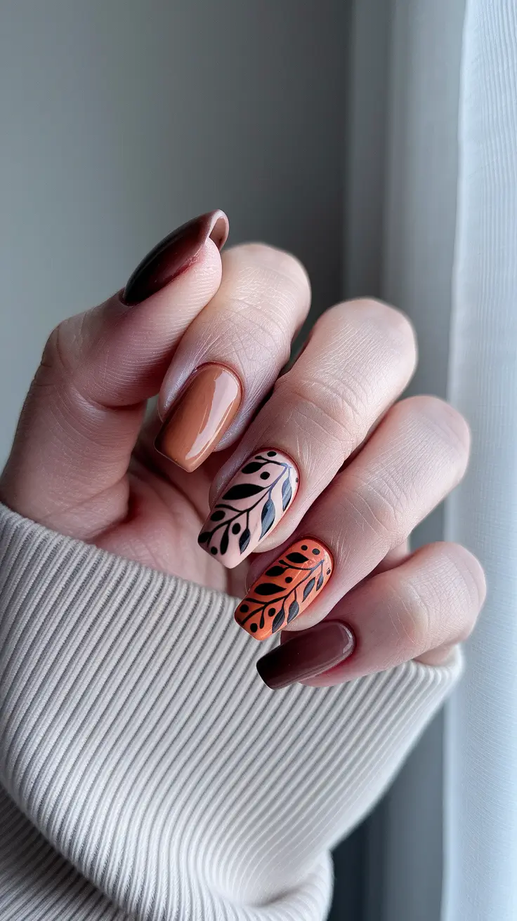 2025 Fall Nails Art Ideas – Caramel Leaves with Cocoa Tips