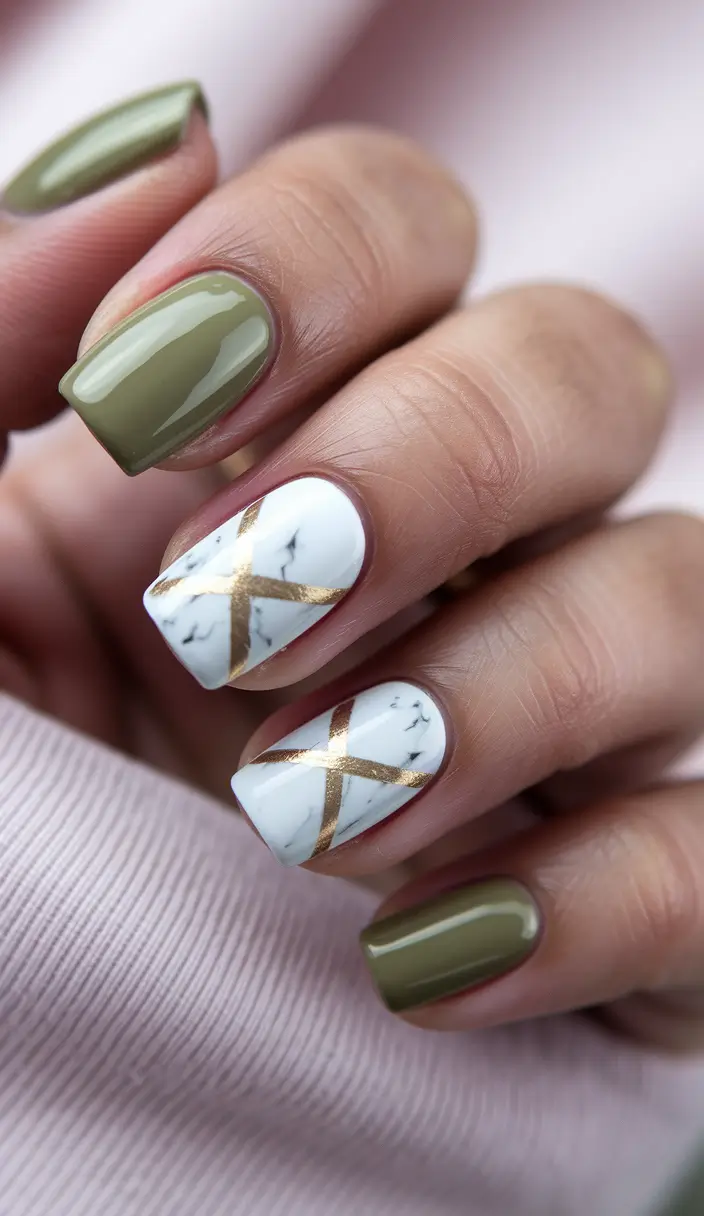 2025 Fall Nails Art Ideas — Sage & Marble with Gold Crosslines (Short Square)