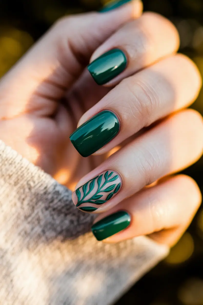 2025 Fall Nails Art Ideas – Evergreen Gloss with Botanical Accent