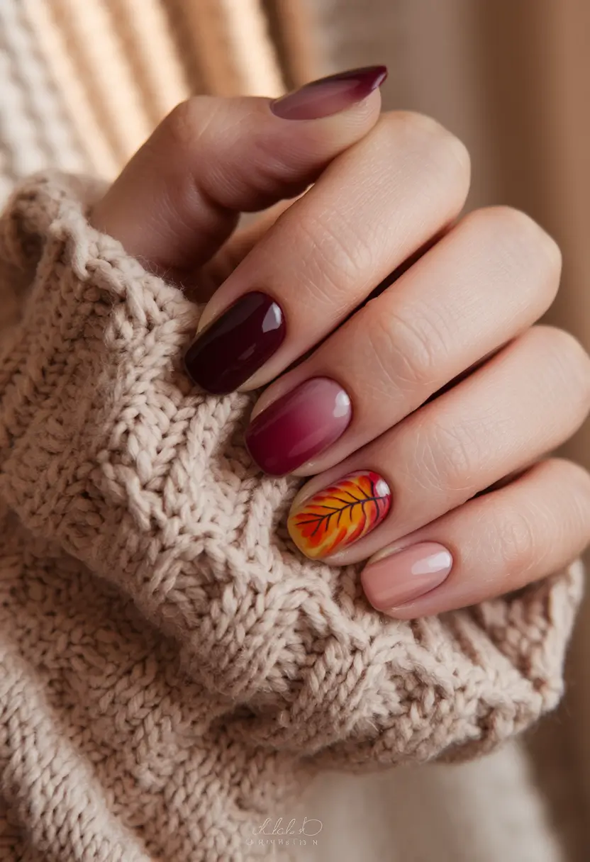 2025 Fall Nails Art Ideas – Mulled Wine Gradient with Ember Leaf