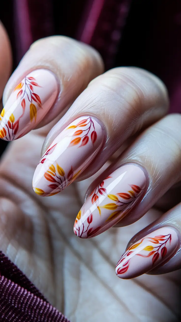 2025 Fall Nails Art Ideas – Almond Petals in Maple & Marigold