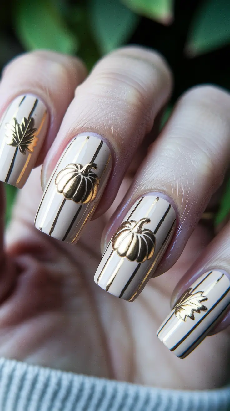 2025 Fall Nails Art Ideas – Gilded Pumpkin Pinstripes